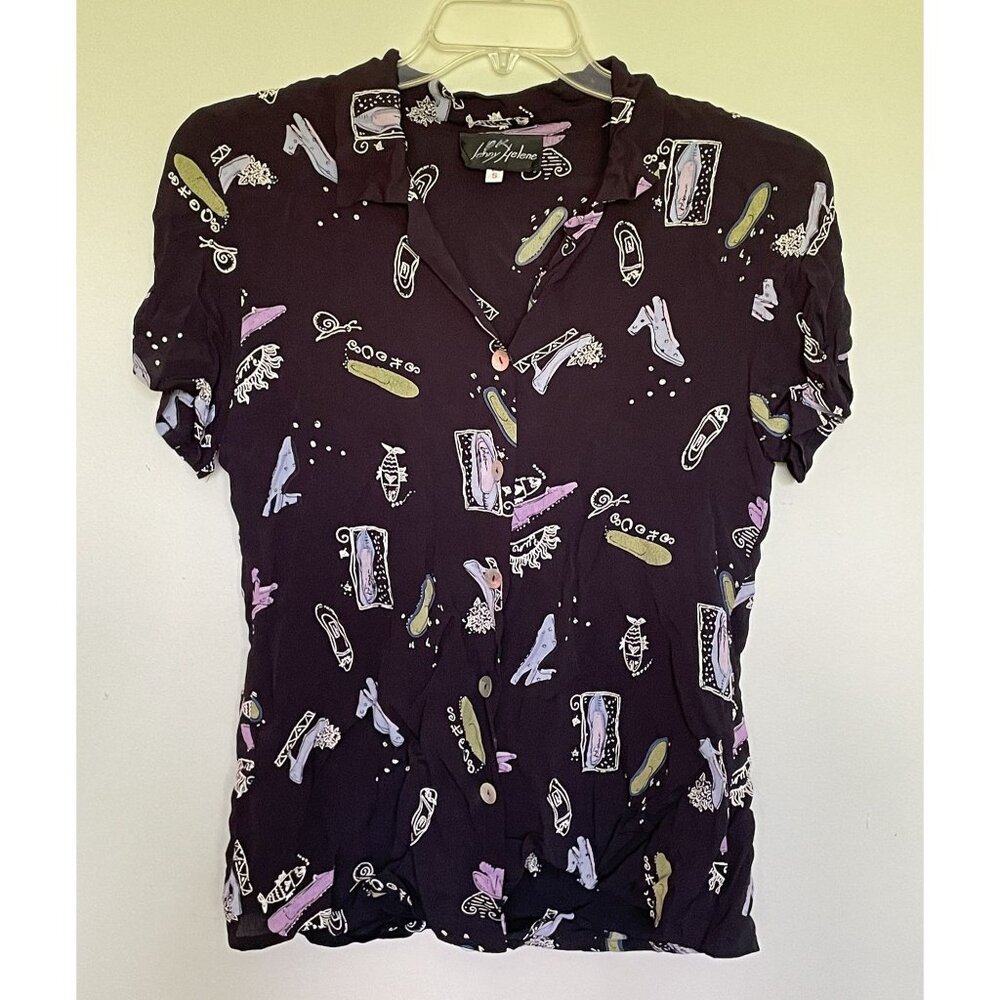 Cute & Colorful Graphic Shoe Beach Themed Black Button Up Shirt by Jenny Helene